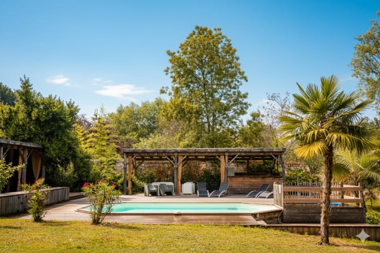 La piscine et sa pergola en bois