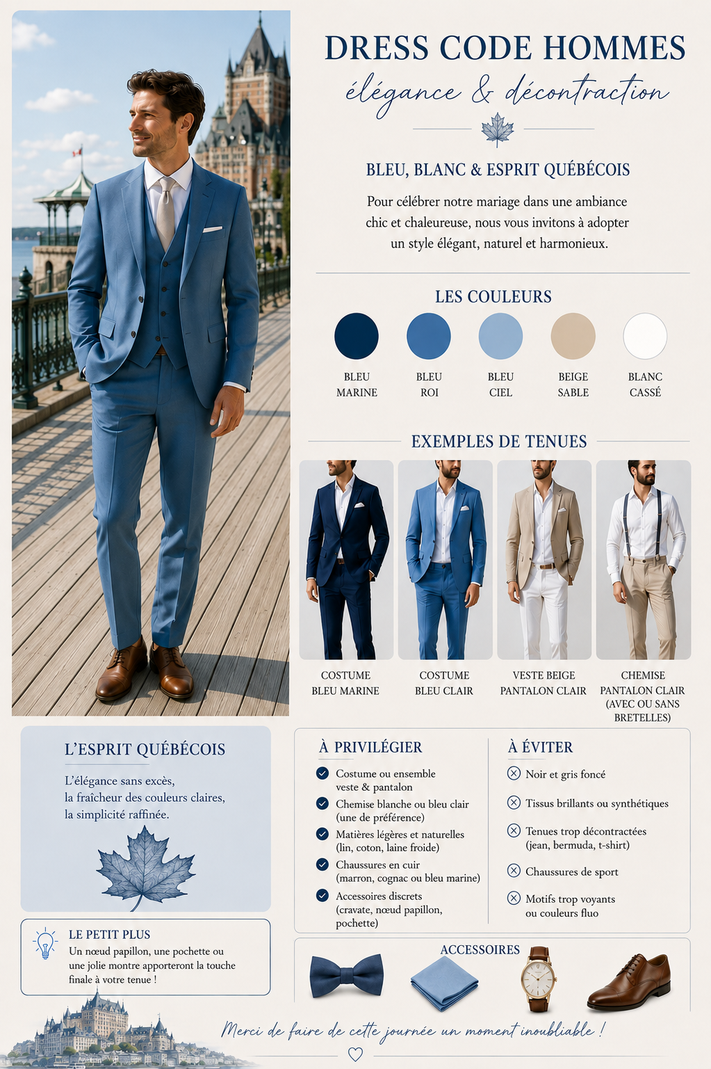 Dress code hommes : costume bleu, veste beige, chemise blanche