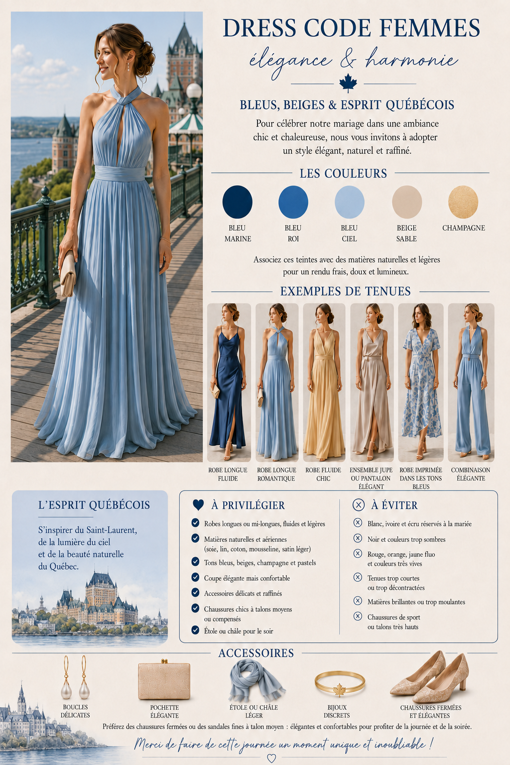 Dress code femmes : robes longues et fluides dans les tons bleus, blancs et beiges